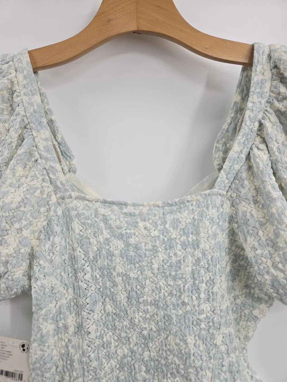 Free People Oh Baby Lace Top Light Blue Floral Puff Sleeve Peasant